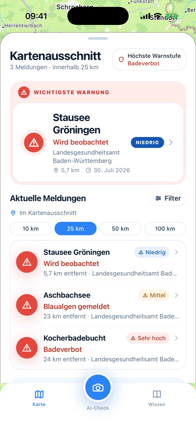 Aktuelle Meldungen in der App, nach Entfernung gefiltert: Stausee Gröningen, Aschbachsee und Kocherbadebucht mit Warnstufe und Behörde als Quelle