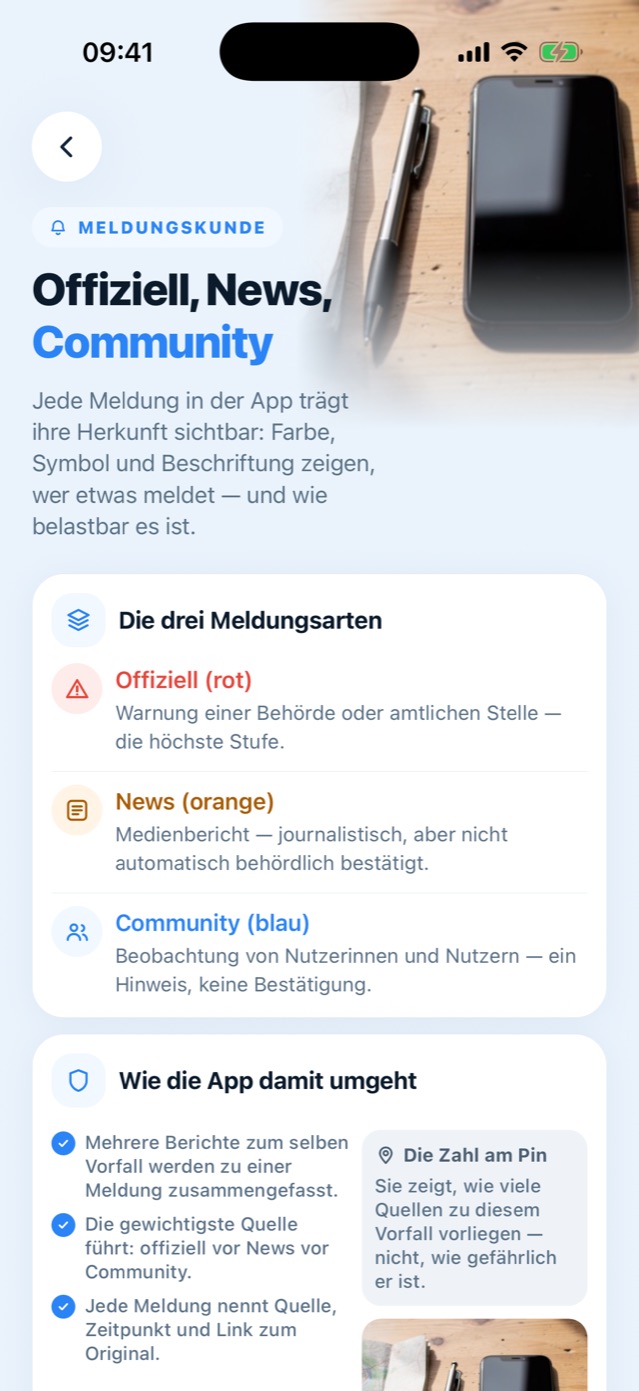 Erklärseite in der App: Offizielle Warnungen rot, Medienberichte orange, Community-Meldungen blau — mit Hinweis, wofür die Zahl am Pin steht