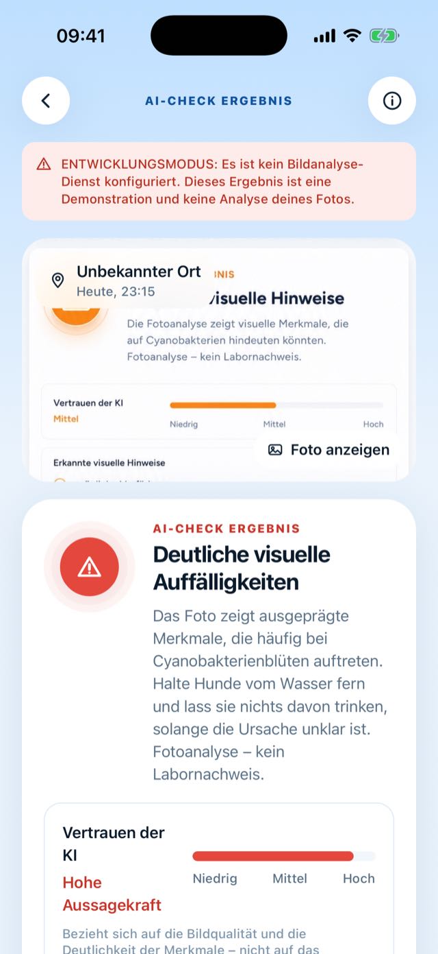 AI-Check Ergebnis in der App: deutliche visuelle Auffälligkeiten mit Vertrauensband und Verhaltenshinweisen