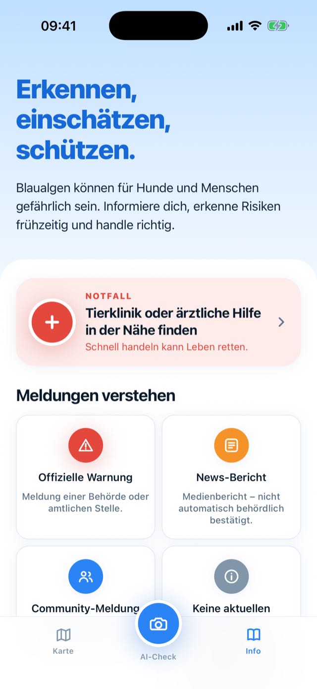 Info- und Notfallbereich der Blaualgen Radar App mit Wissensartikeln und Notfallhilfe für Hunde