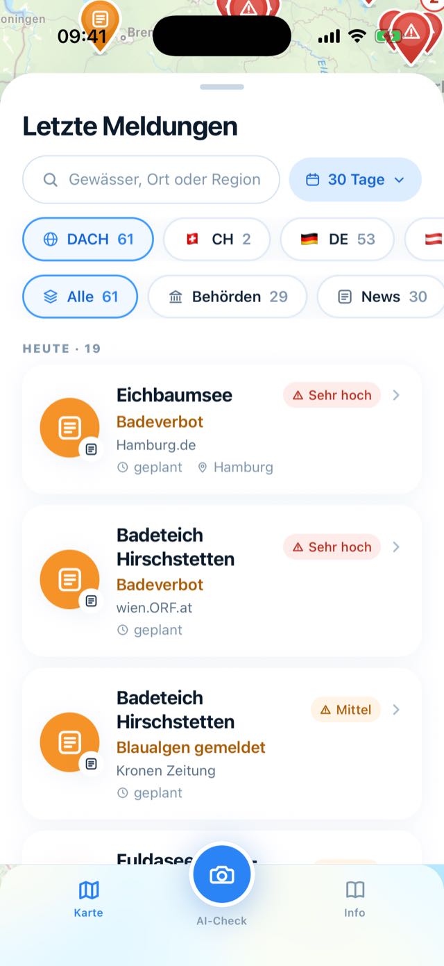 Liste der letzten Blaualgen-Meldungen in der App mit Filtern nach Quelle und Zeitraum