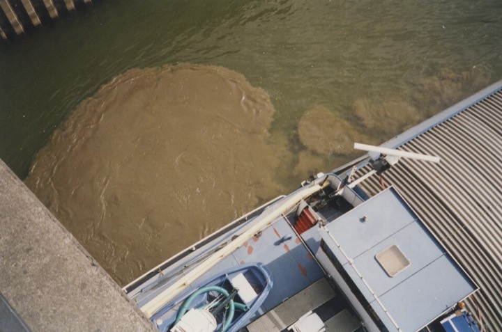 Von einer Schiffsschraube aufgewirbelte Sedimentwolke im Rhein, braune Schlieren im grünen Wasser